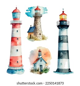 Ilustración del faro de color de agua. Faro aislado y gaviotas sobre fondo blanco. Obra artística a mano. Vector