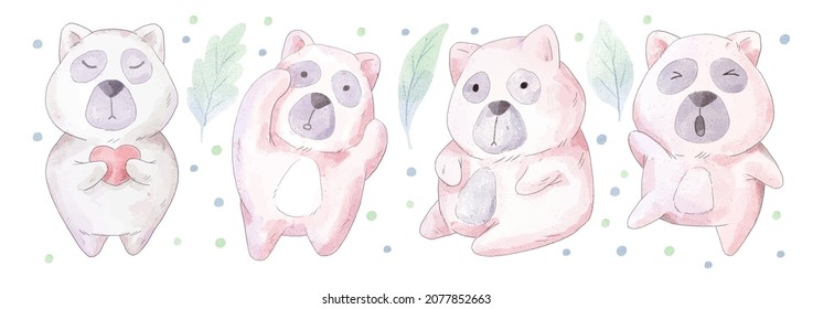 watercolor set of lovely bears in difference action , standing, walk, asleep with stump on white background, vector illustration