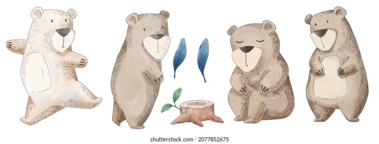 watercolor set of lovely bears in difference action , standing, walk, asleep with stump on white background, vector illustration