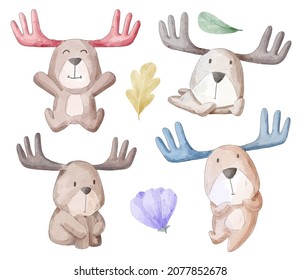 watercolor set of lovely big horned deer with  in difference action  and emotion on white background, vector illustration