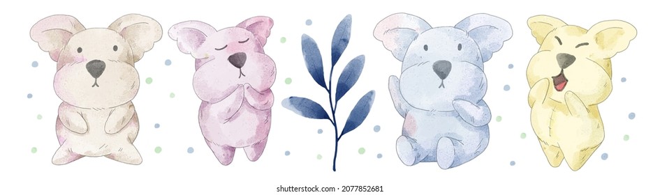 watercolor set of lovely koala in difference color and action , standing with leaf on white background, vector illustration