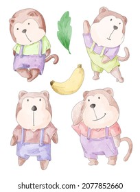 watercolor set of lovely monkey wearing bib pants in difference action , standing with banana on white background, vector illustration