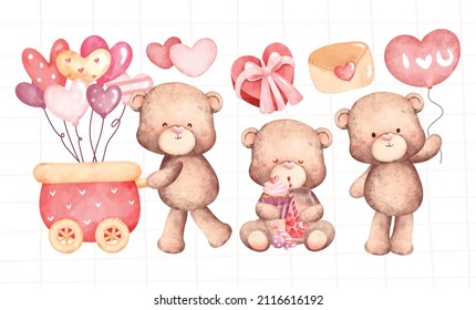 Watercolor set of lovely valentine bear 