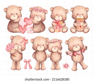 Watercolor set of lovely valentine bear 