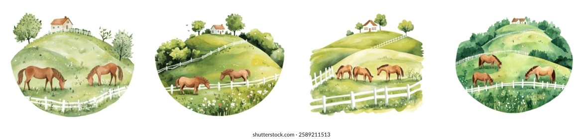 Watercolor set of meadows with horses. Farm meadow with a house, a white fence, trees and horses grazing on a meadow with green grass and flowers. Village and farm concept. Horse grazing. 