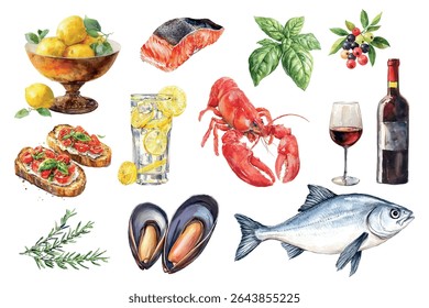 Aquarela conjunto de comida mediterrânea. Limões de peixe, bruschetta, uvas, vinho, mexilhões e produtos. Conceito de frutos do mar e pratos deles. Ilustração vetorial.