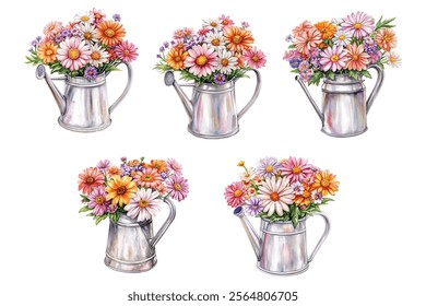 Watercolor set of metal watering cans for the garden filled with flowers png. Hello spring, spring and gardening concept. Spring elements watercolor.