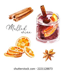 Watercolor set of mulled wine ingredients. Mulled wine set of cinnamon sticks, star anise and dried slices of orange. Vector mulled wine set perfect for  illustrating recipes, menus.