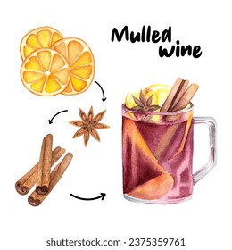 Watercolor set of mulled wine ingridients. Mulled wine set of cinnamon sticks, star anise and dried slices of orange. Vector mulled wine set perfect for  illustrating recipes, menues.