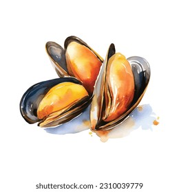 Watercolor set mussels drawn by hand on a white background. Picturesque shellfish.