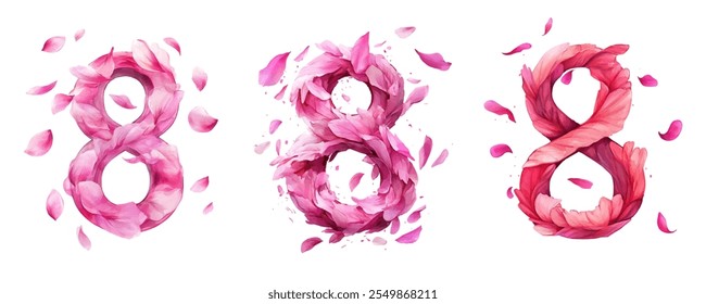 Watercolor set of numbers 8 decorated with flying pink petals. Symbol for International Women's Day. Romantic elements for the holiday of March 8 png. Vector illustration.