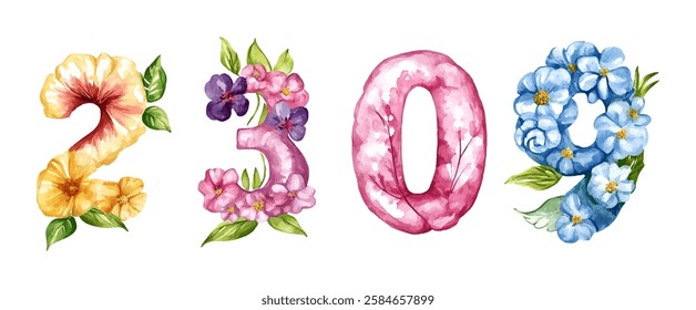 Watercolor set of numbers decorated with flowers png. Numbers 0,2,3 and 9 decorated with bright flowers in watercolor style. Elements for numbers designs. Floral numbers. Vector illustration.