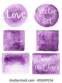 Watercolor set of objects. Purple. Round, square, rectangle. Vector.