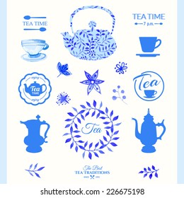 Watercolor set on tea. Tradition of teatime. Set of decorative elements in blue colors, handmade.