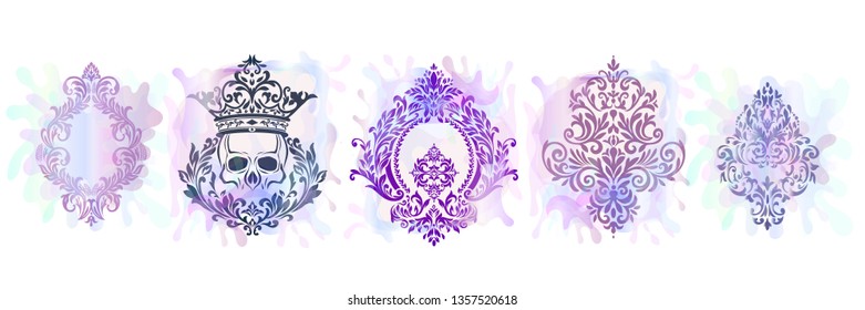 Watercolor set of Oriental vector damask patterns for greeting cards and wedding invitations