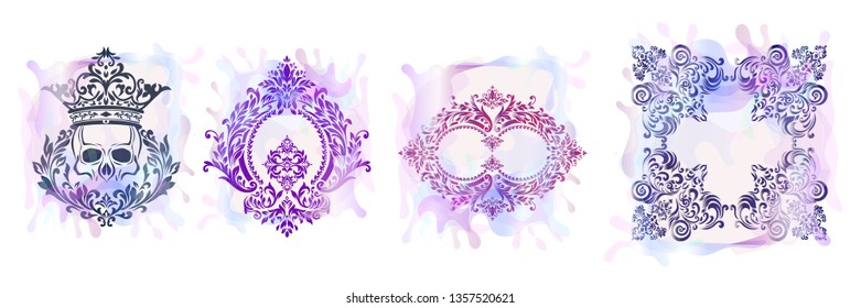 Watercolor set of Oriental vector damask patterns for greeting cards and wedding invitations