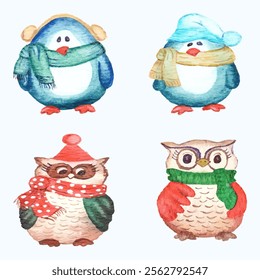 watercolor set of owls and penguins in winter