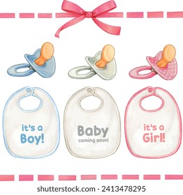 Watercolor set of pacifiers and baby bibs