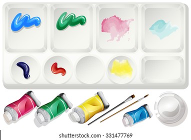 Watercolor set with paints and brush illustration