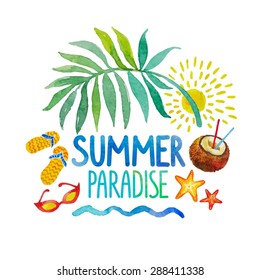 Watercolor set of palm, sea stars, the sun, sunglasses, beach sandals, coconut drink and lettering - Summer paradise. White background. Vector illustration.