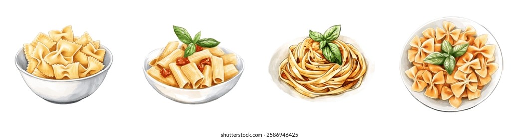 Watercolor set of pasta in plates. Italian smagetti, farfalle, rigatoni and penne. Italian variety of pasta garnished with a sprig of basil. Dinner concept. Vector illustration.