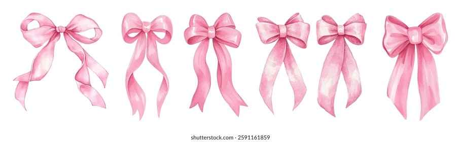 Watercolor set of pink bows png. Pink satin ribbon bows in different ways of tying. Elements for romantic decor, girlish hairstyles, etc. Vector illustration.