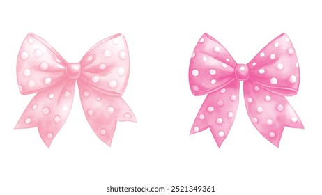 Watercolor set of pink bows with polka dots. Hand painted bow for design, cards, invitations, and decorations