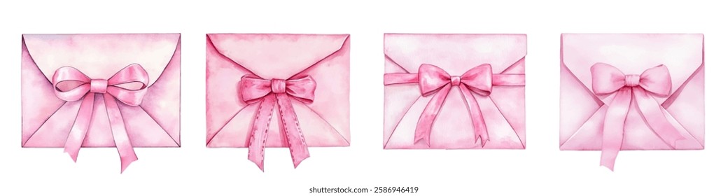 Watercolor set of pink envelopes decorated with satin ribbon bows png. Romantic pink closed envelopes. Elements for gift, letter, message, etc. Elements for March 8, Mother's Day, Valentine's Day.