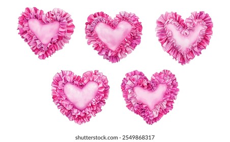 Conjunto de acuarela de almohadas de corazón rosa con volantes png. Lindas almohadas de corazón de satén rosa decoradas con volantes. Símbolo de amor y travesura. Ilustración vectorial.