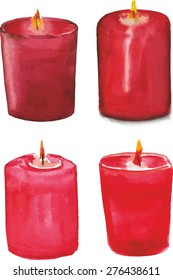 A watercolor set of purple and red burning candles, scalable vector drawing