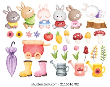 Watercolor set of rabbit and spring elements 