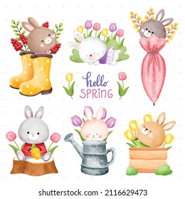 Watercolor set of rabbit and spring elements 