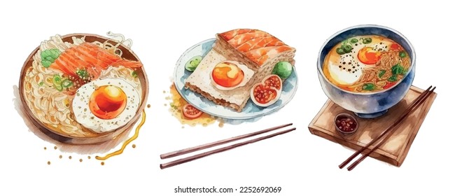 conjunto de acuarela Ramen bowles tallarines cultura vectorial japón