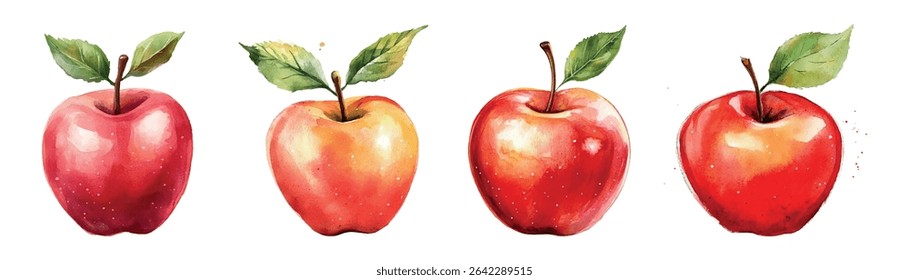 Watercolor set of red apples png. Red sweet apples with apple tree leaves. Elements of fruit, harvest, chic snack. Back to school. Vector illustration.