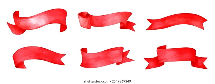 Watercolor set of red ribbons png. Red festive ribbons for text and inscriptions. Watercolor elements for celebrations. Vector illustration.