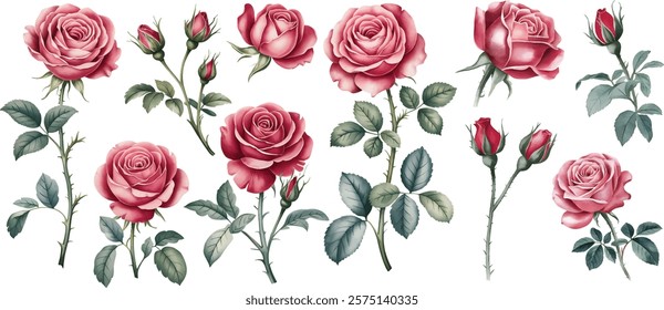 Watercolor set of red roses.  Watercolor rose flower collection. Rose flower set isolated on white background.