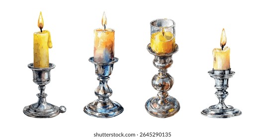 Watercolor and set of retro candles in silver candlesticks. Wax candles with fire standing in old silver candlesticks png. Elements of vintage, coziness, light. Elements for a candlelight dinner.