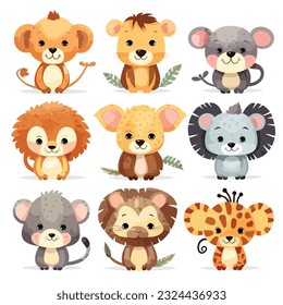 watercolor Set of Safari Animals Illustration, vector animals, lion, tiger, mouse, fox, animal cartoon
