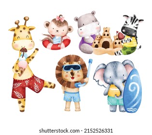 Watercolor set of Safari animals in summer holiday