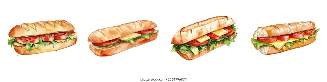 Watercolor set of sandwiches on a baguette. Each one is filled with fresh ingredients such as lettuce, tomato slices, cheese and drizzled sauce. All sandwiches look appetizing