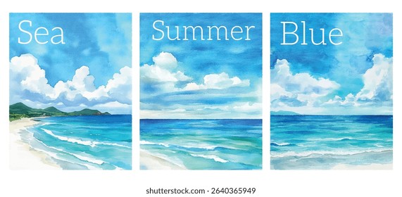 Watercolor set of sea postcards. Watercolor blue landscapes with azure coast and turquoise sea on a blue sky background. Concept of summer vibe, sea or ocean. Vector illustration.