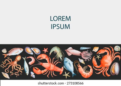 Watercolor set of seafood from lobster, crab, fish, squid, octopus, shrimp, shells  for your menu or design, vector illustration.