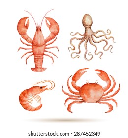 Watercolor set of seafood on white background. Fresh organic seafood. Vector illustration.