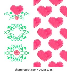 Watercolor set. seamless heart pattern and wreaths on the white background, aquarelle.  Vector illustration. Hand-drawn decorative element useful for invitations, scrapbooking, design. Saint Valentine