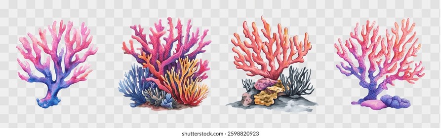 Watercolor set of seashells with corals. Set of sea and ocean corals with sea urchin and algae. Concept of underwater marine plants. Elements for aquarium decor.