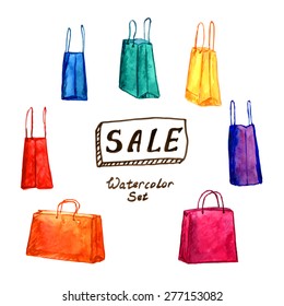 Watercolor set of shopping bags with big SALE banner. Vector illustration. Shopping bag, Shopping bag icon, Shopping bag for Shopping center, Shopping bag, Shopping bag vector, Shopping bag sketch