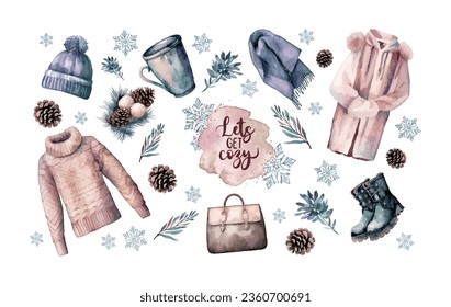 Watercolor set of simply abstract winter outfits, accessories and lettering. Vector illustration with winter colors. Use for banner, cards, invitations, web, social media, advertising and design	