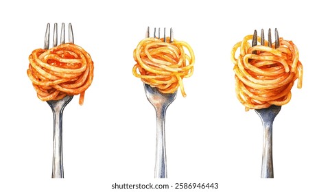 Watercolor set of spaghetti forks. Silver forks on which Italian spaghetti is wrapped. Italian pasta with tomato sauce. Italian cuisine and restaurant concept. Vector illustration.