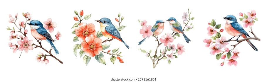 Watercolor set of spring birds sitting on a branch of a flowering tree. Spring birds. Concept of spring, awakening of nature. Elements for spring designs. Vector illustration.