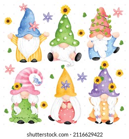 Watercolor set of spring gnome 